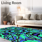 Vibrant Teal Blue Black Floral Medallion Rug