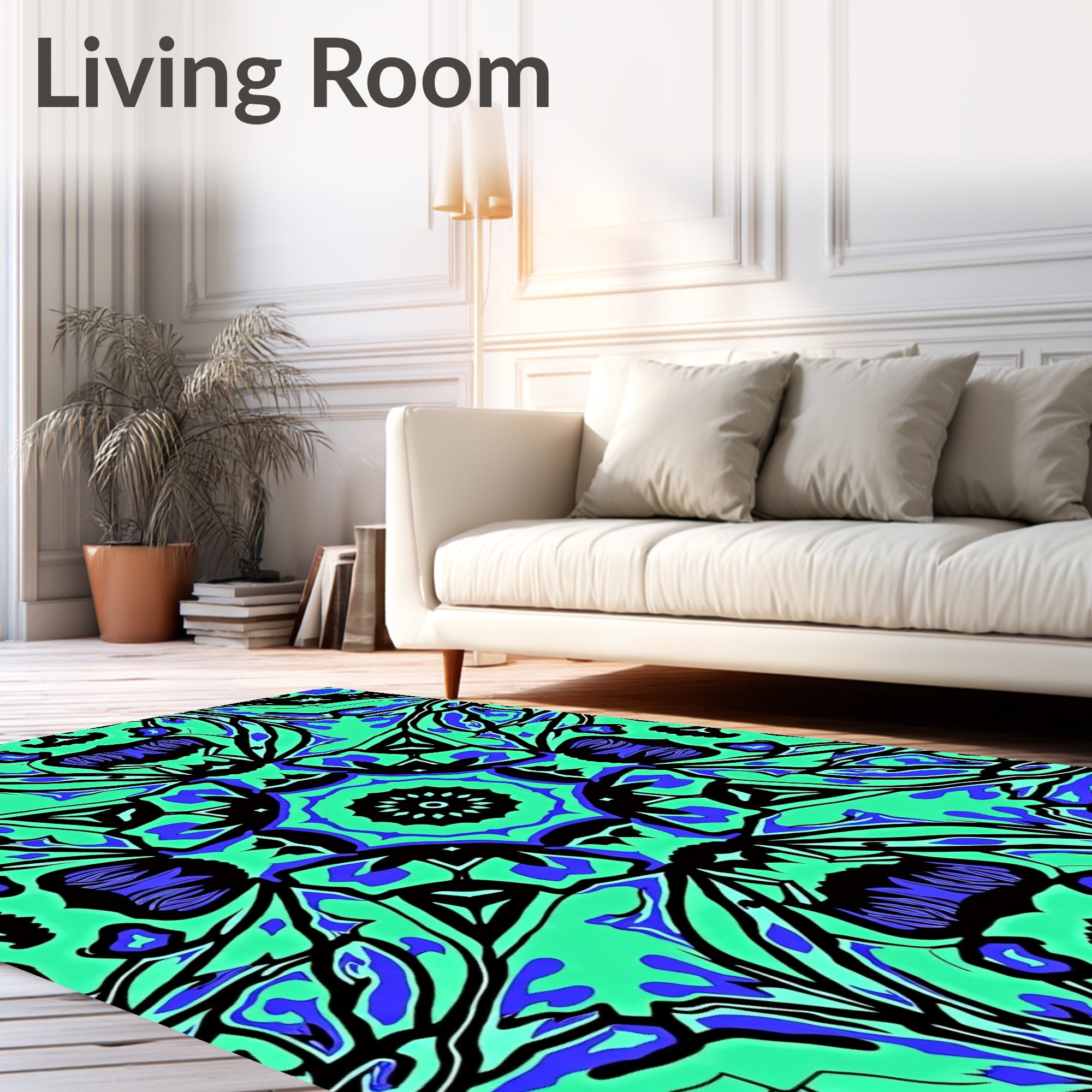 Vibrant Teal Blue Black Floral Medallion Rug