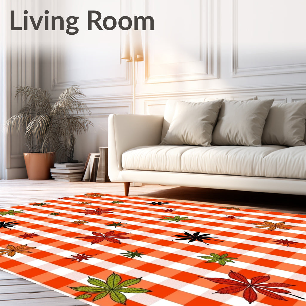 Orange White Gingham Maple Leaf Scatter Rug