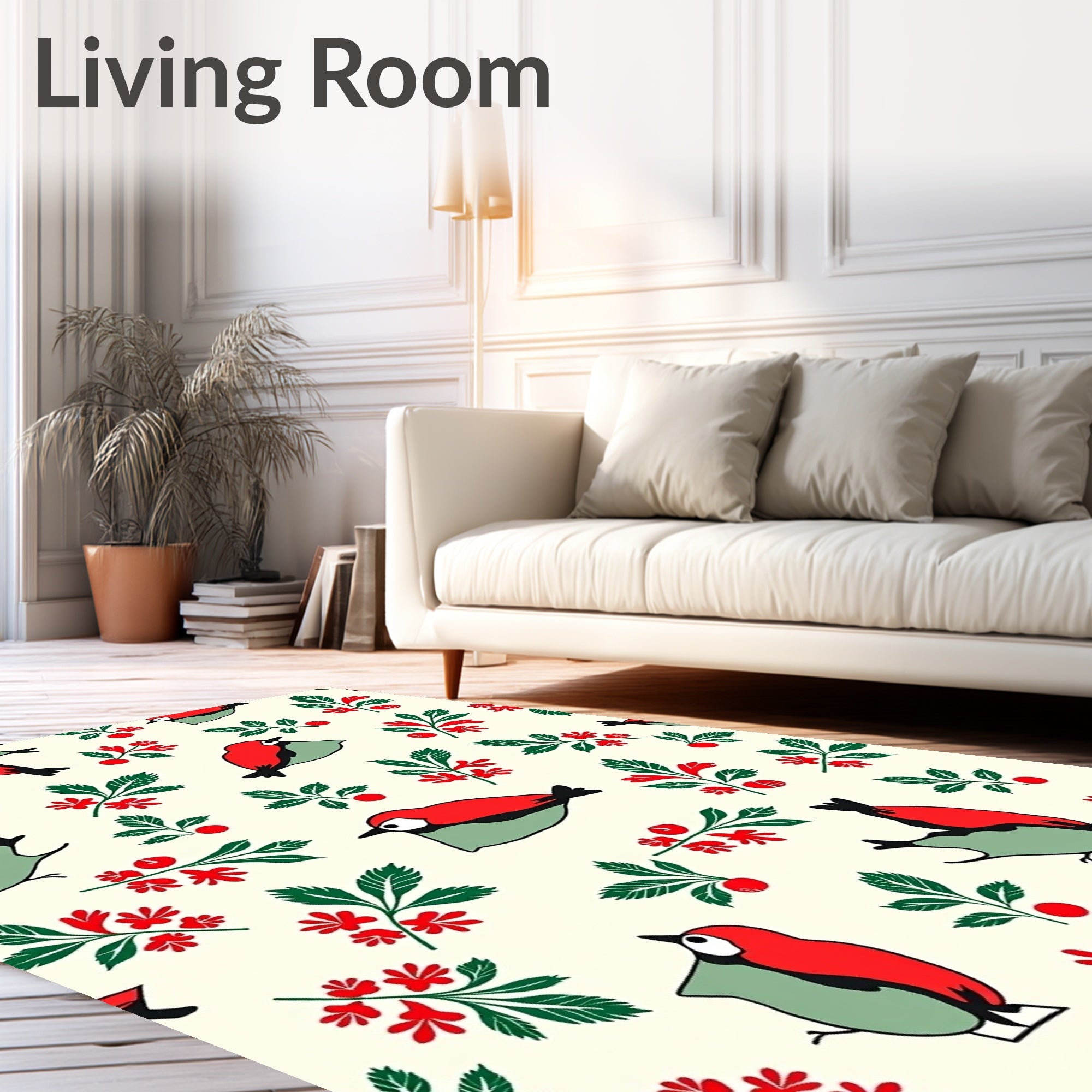 Folk Red Bird Green Branch Accents Rug