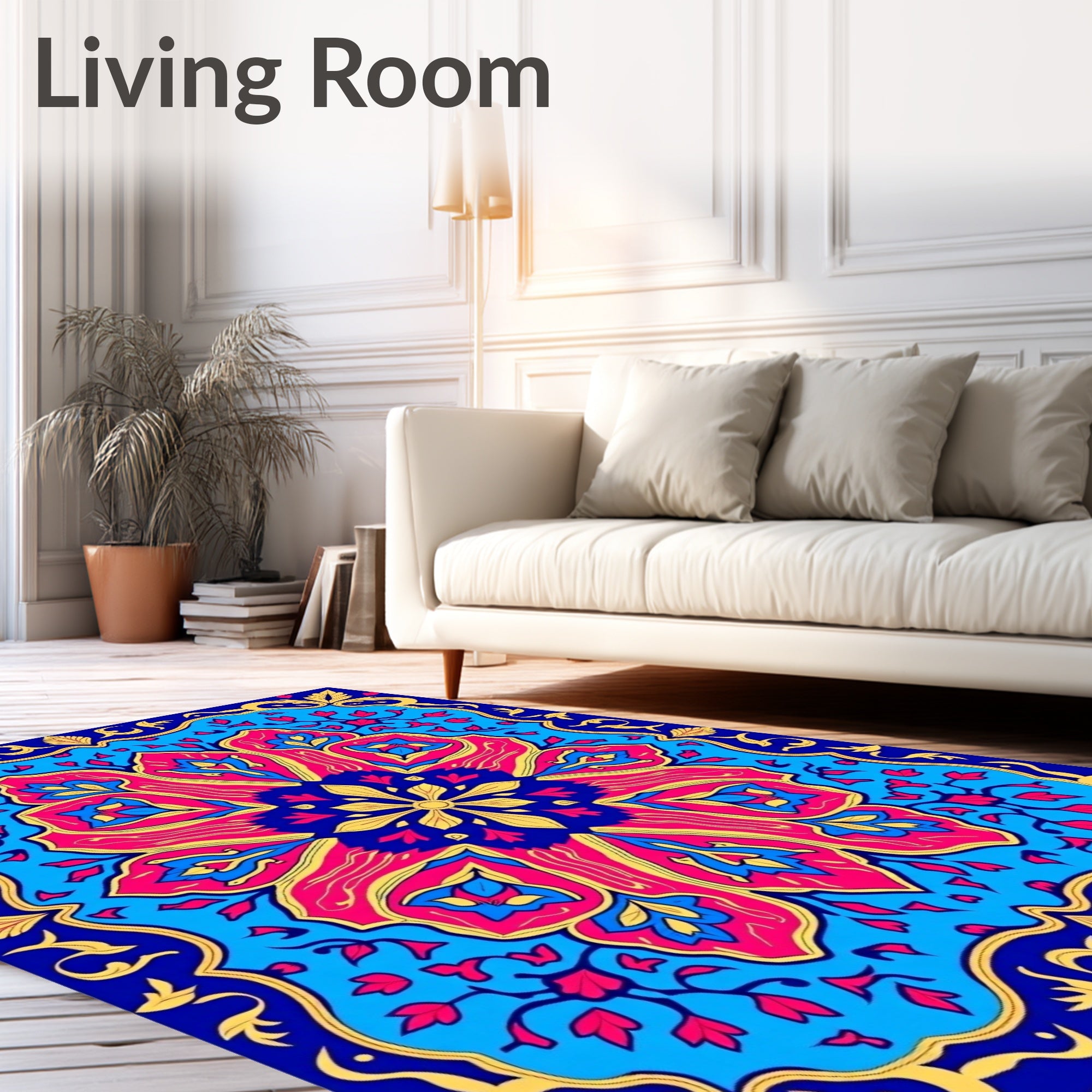 Vibrant Pink Blue Yellow Floral Mandala Rug