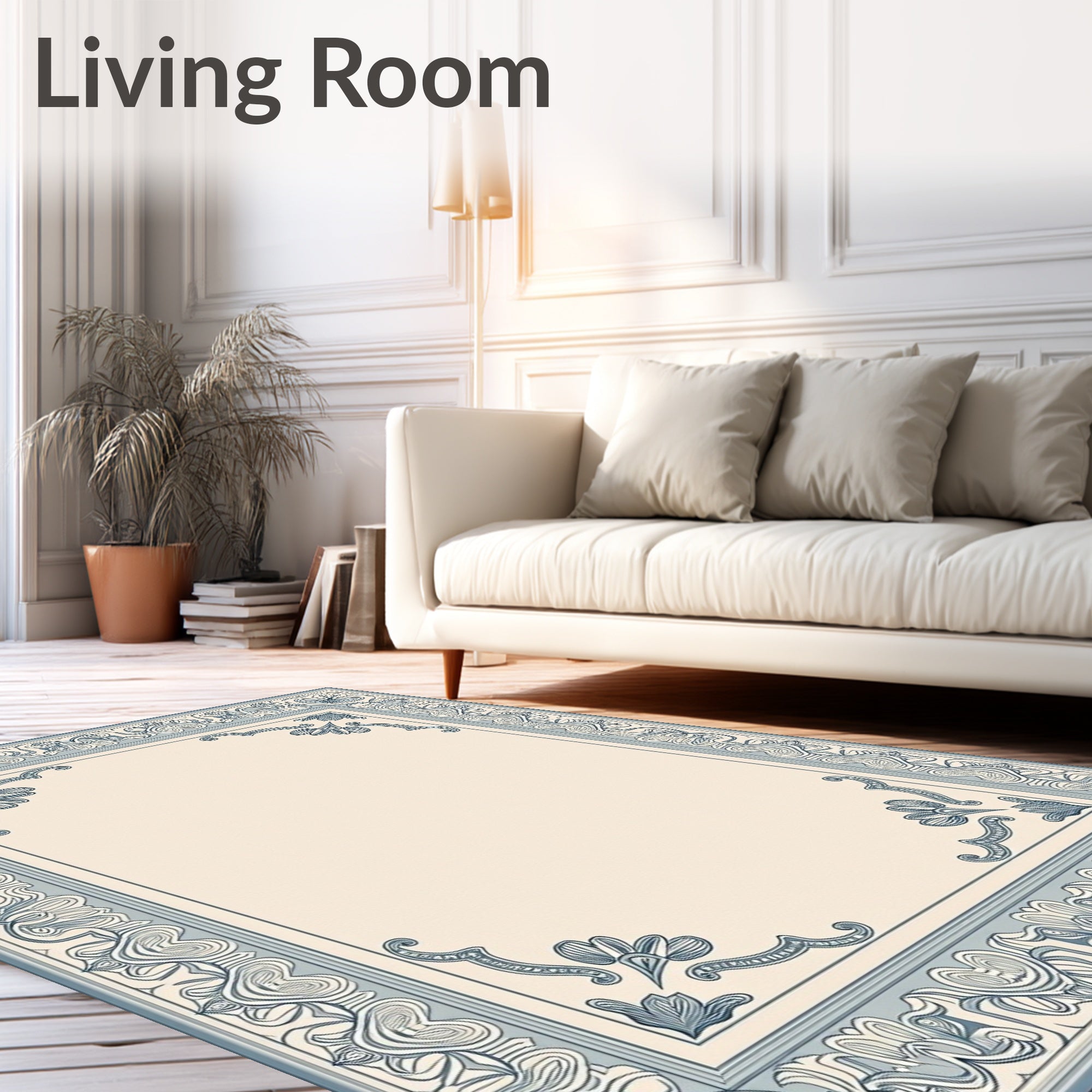 Ornate Blue Floral Vine Border Rug