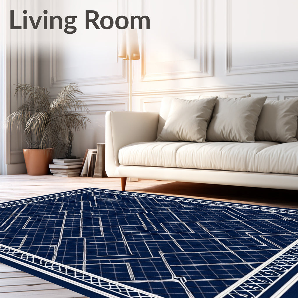 Modern Navy Blue Geometric Grid Layout Rug