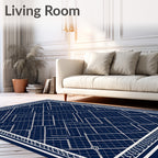 Modern Navy Blue Geometric Grid Layout Rug