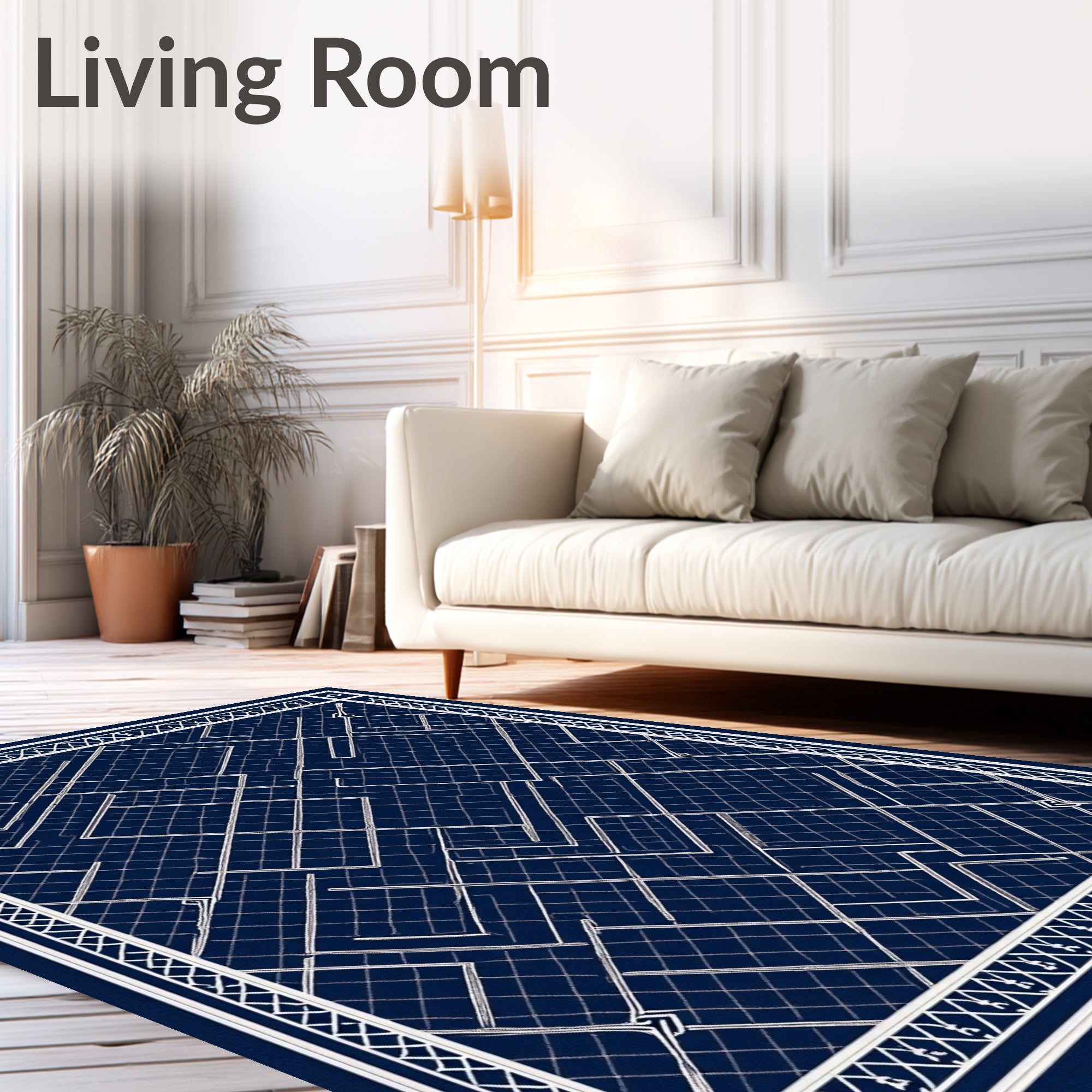 Modern Navy Blue Geometric Grid Layout Rug