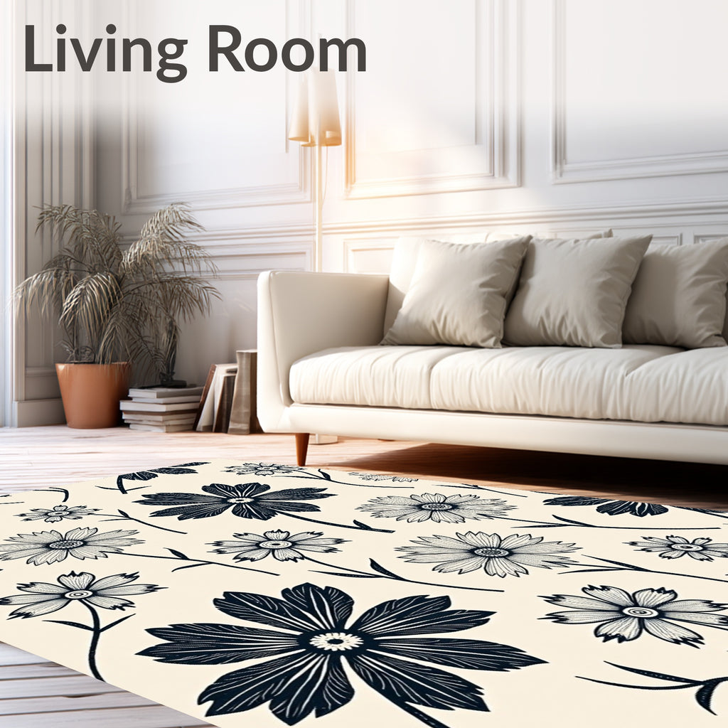Black Floral Graphic Blossom Arrangement Rug