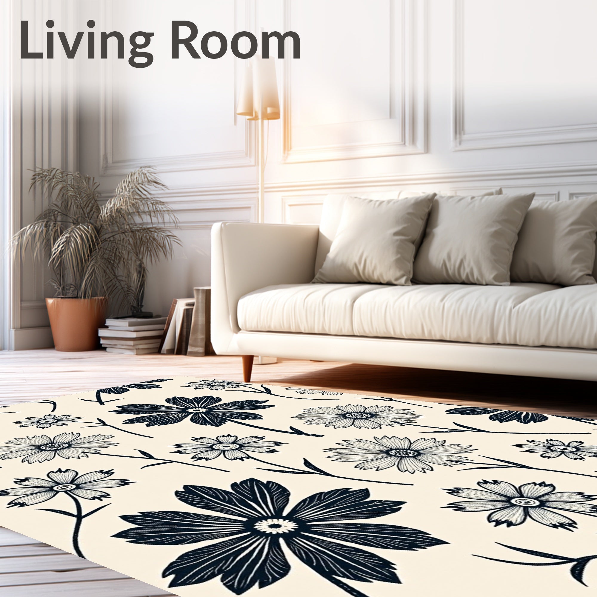 Black Floral Graphic Blossom Arrangement Rug
