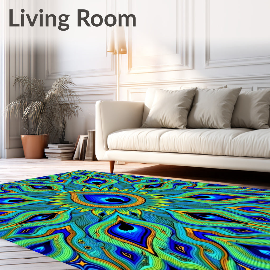Emerald Blue Peacock Feather Medallion Rug
