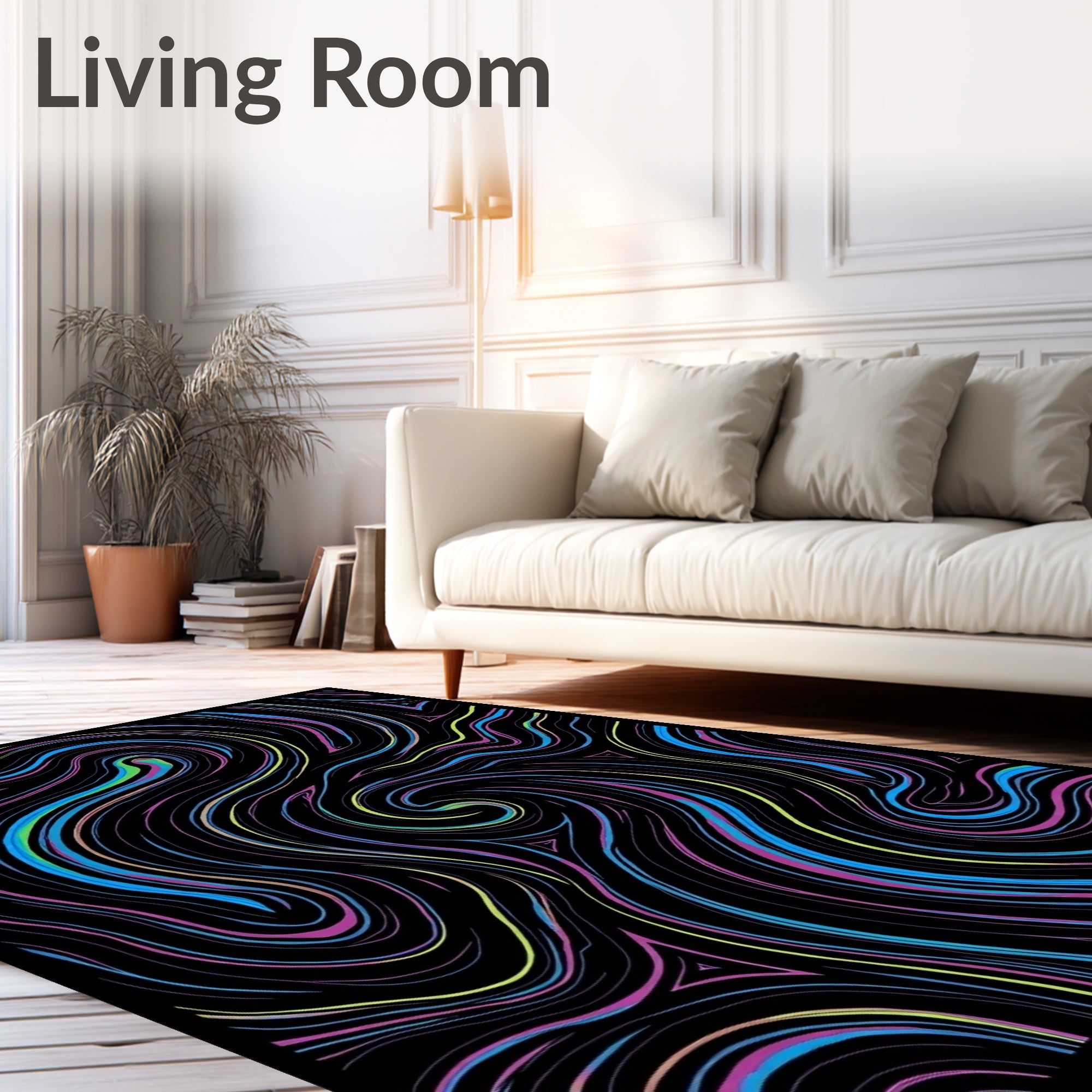 Vibrant Swirl Black Abstract Lines Rug
