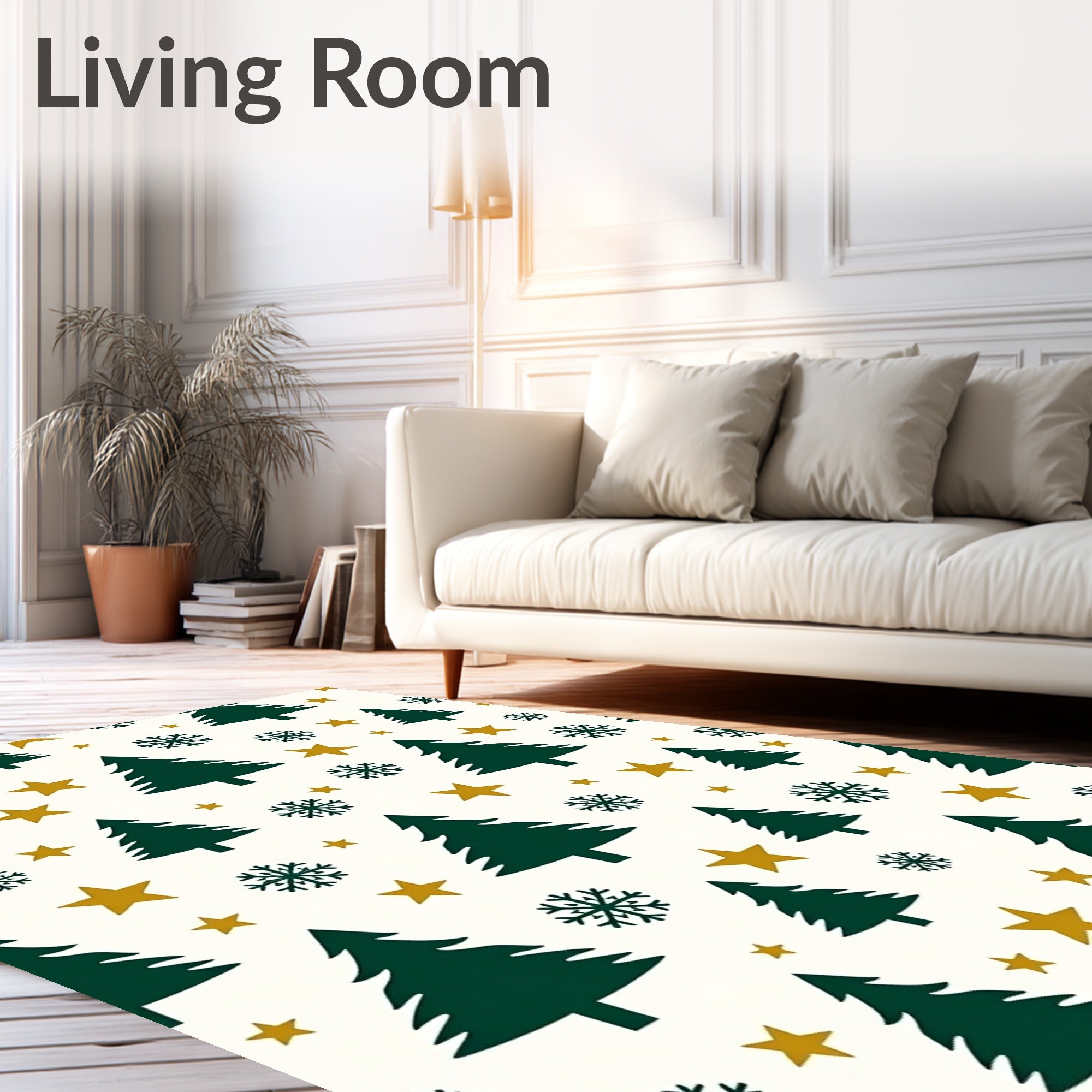 Festive Green Trees Gold Stars Snowflakes Rug