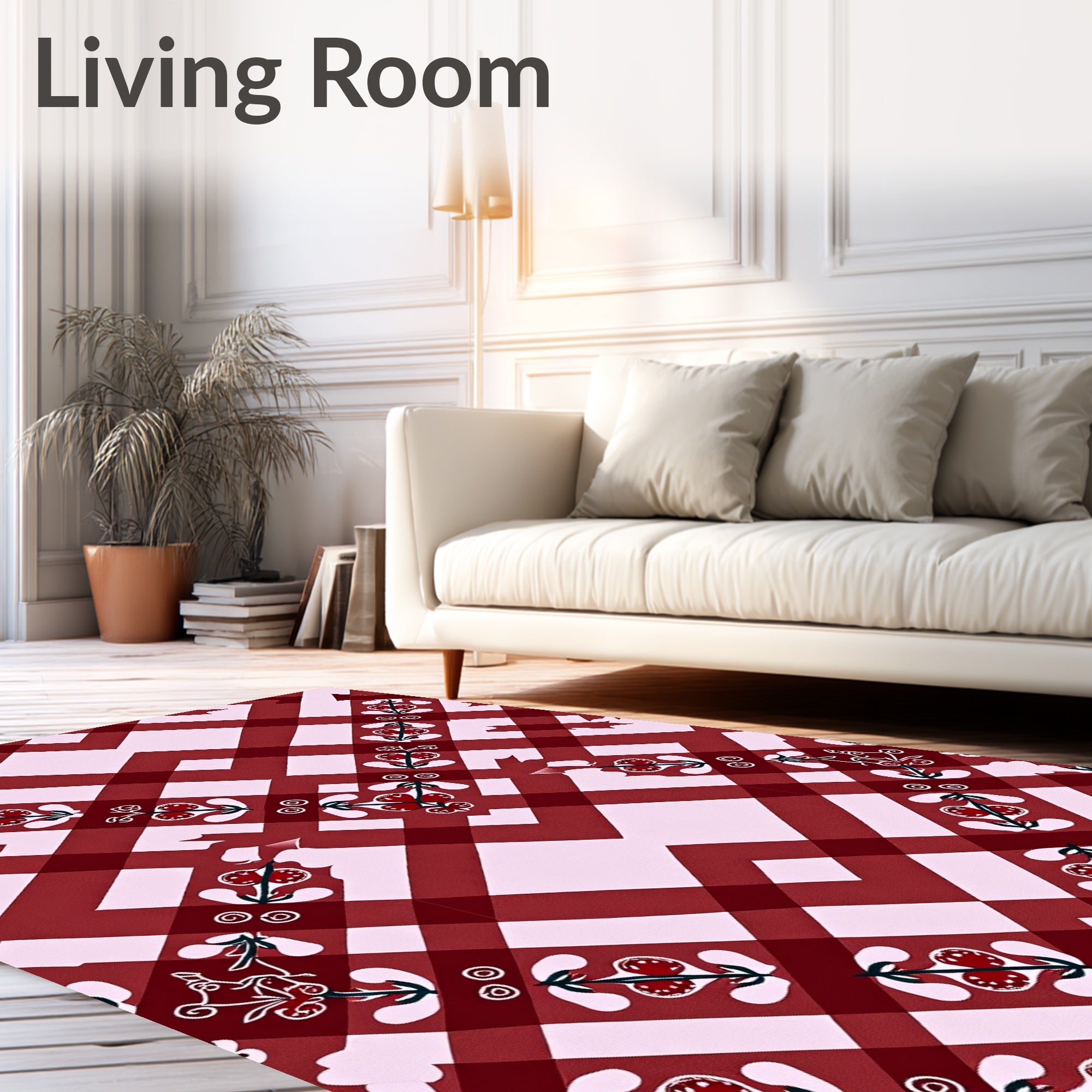 Crimson Red Gingham Floral Accents Rug