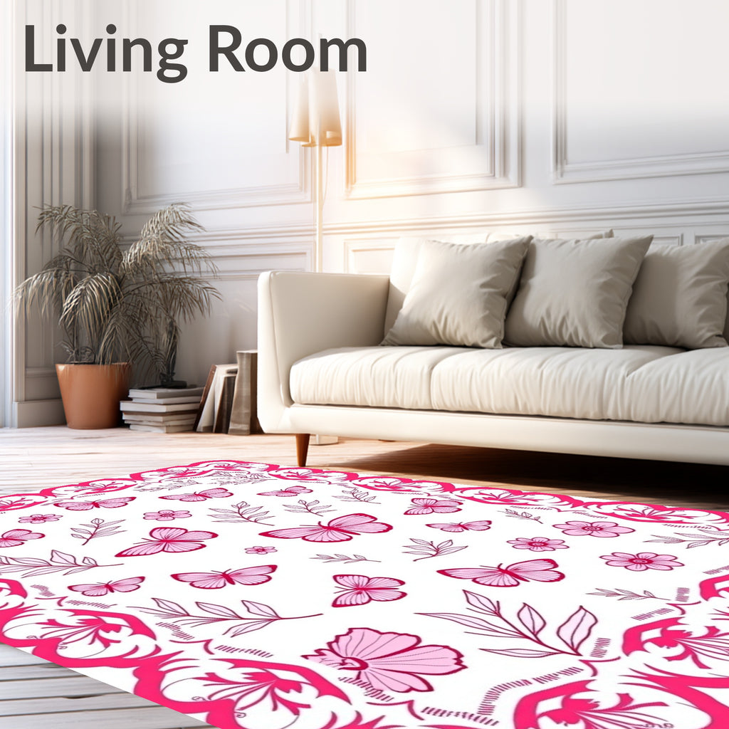 Whimsical pink butterfly floral border Rug