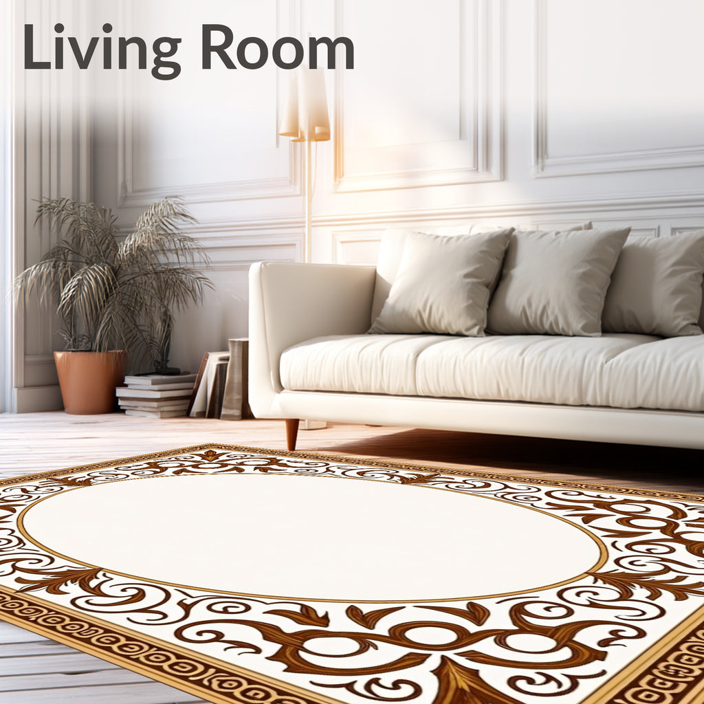 Rich Brown Scrollwork Oval Frame Rug
