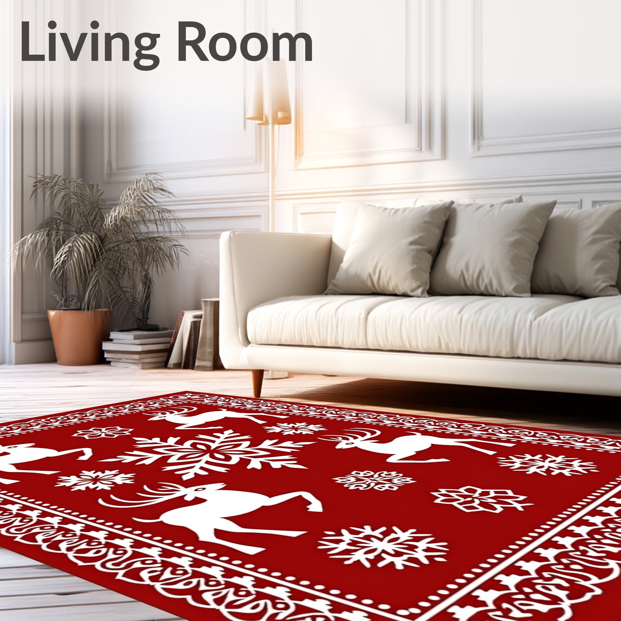 Festive Red Reindeer Snowflake Border Rug