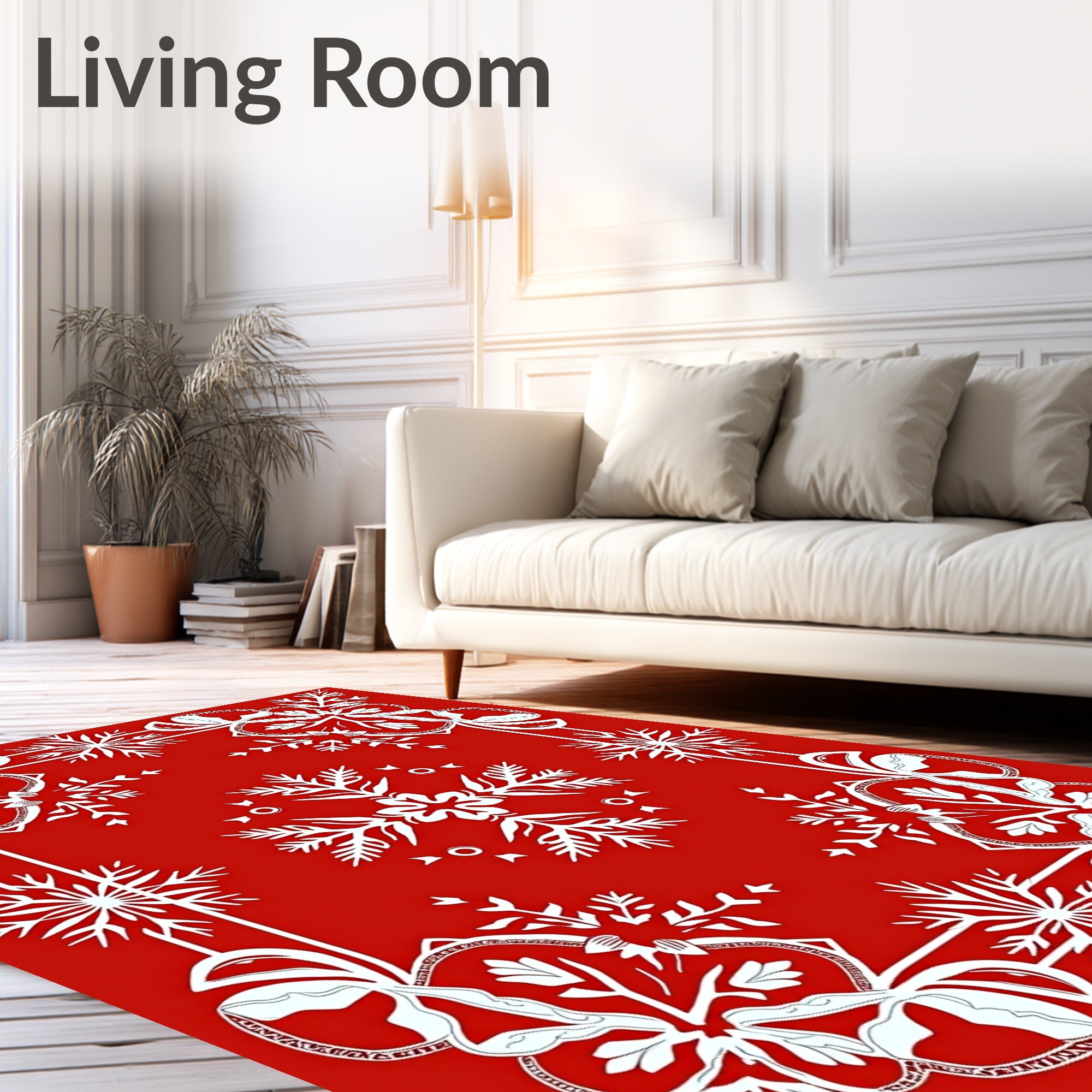 Red White Snowflake Ribbon Border Rug