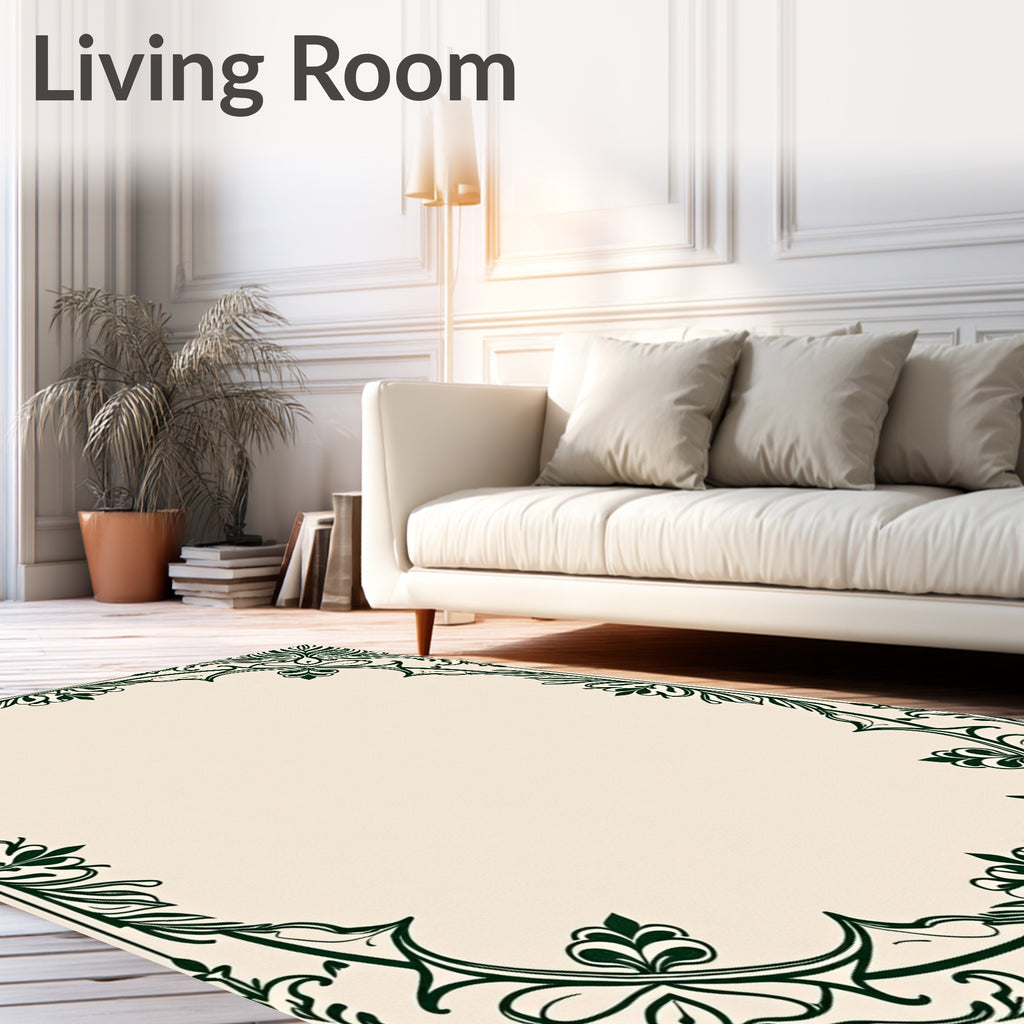 Dark Green Floral Accented Square Frame Rug
