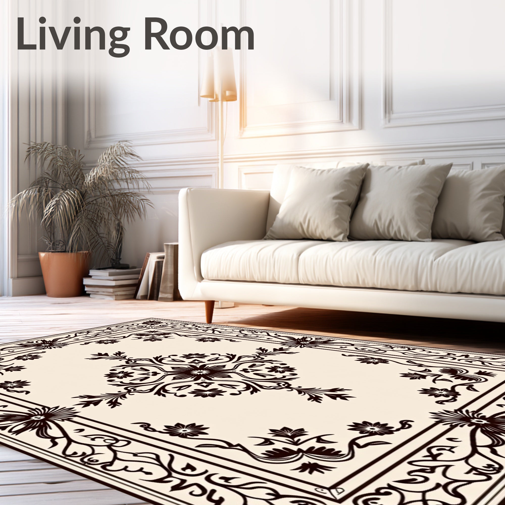 Ornate Black Floral Palmette Scroll Rug