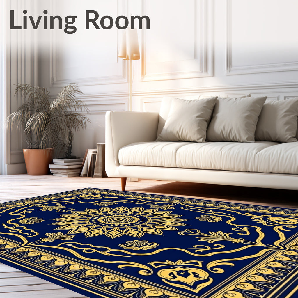 Navy Blue Gold Floral Medallion Rug