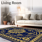 Navy Blue Gold Floral Medallion Rug