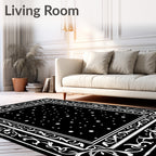 Classic Black White Floral Border Rug