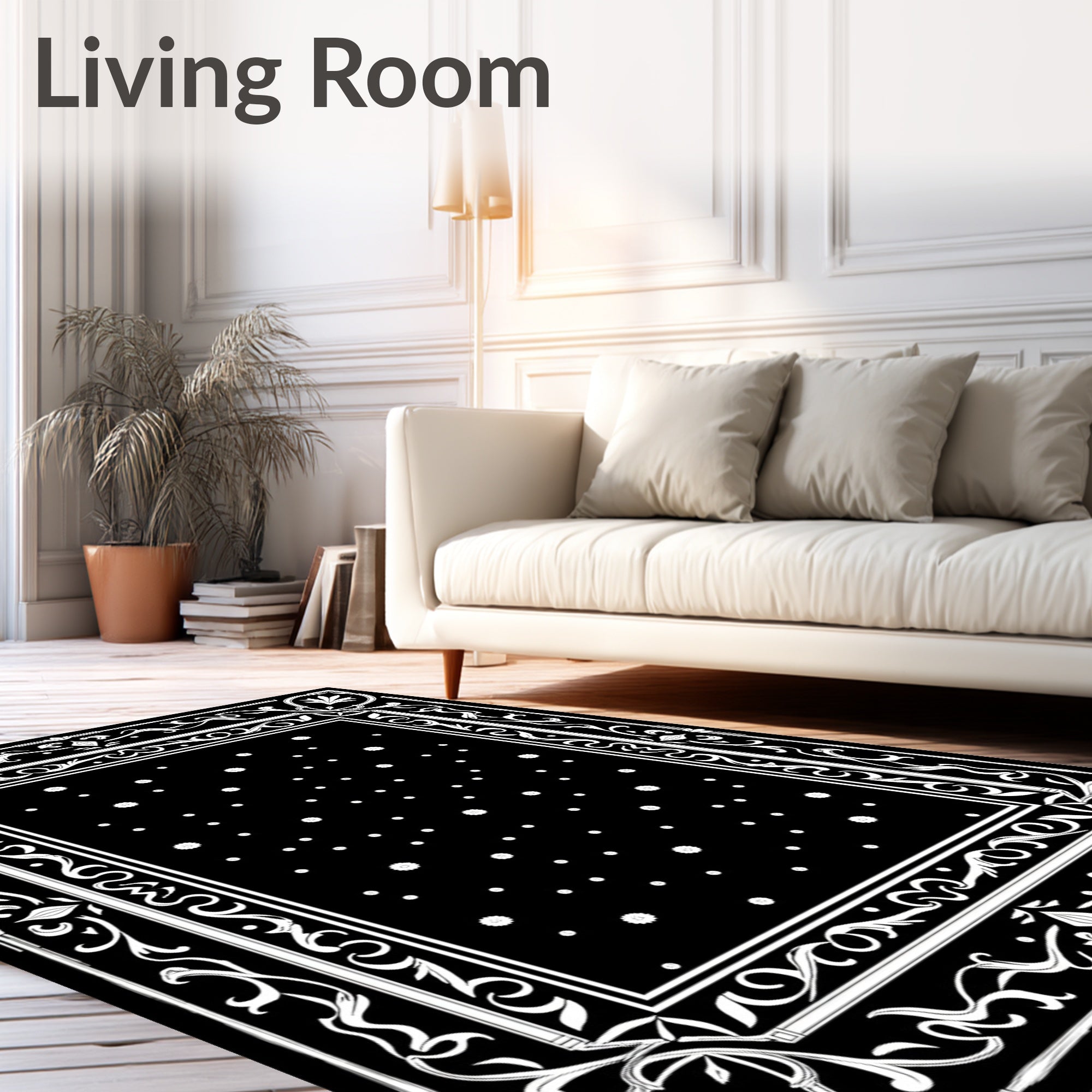 Classic Black White Floral Border Rug