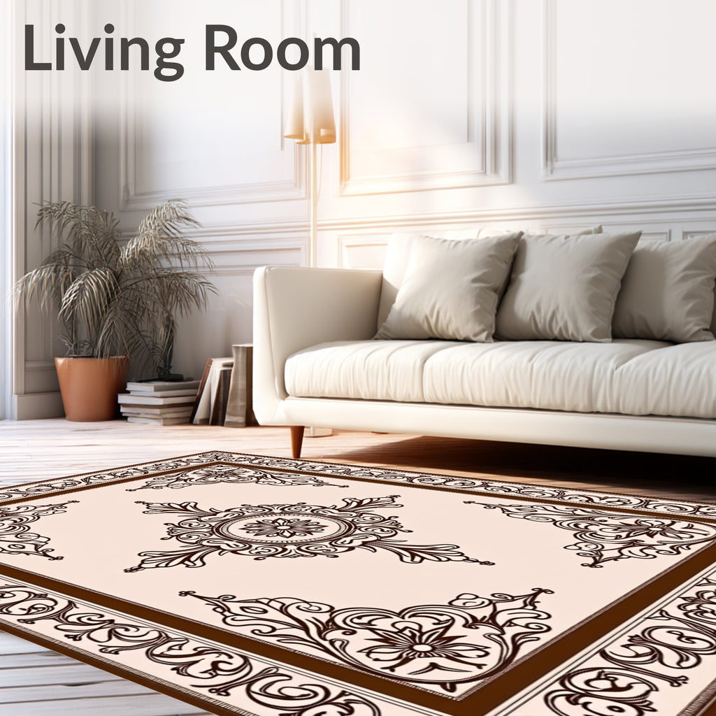 Cream and Brown Baroque Floral Medallion Rug