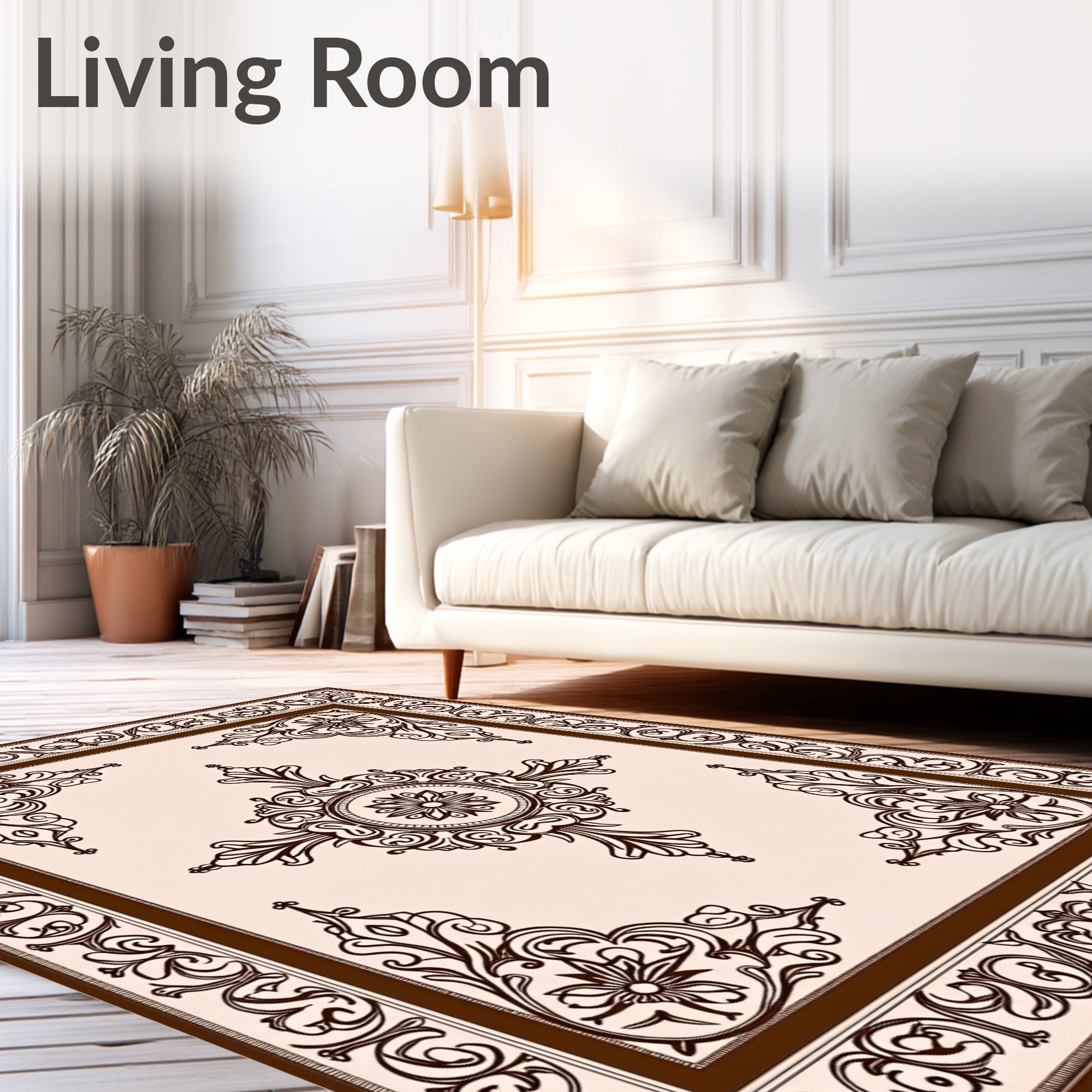 Cream and Brown Baroque Floral Medallion Rug