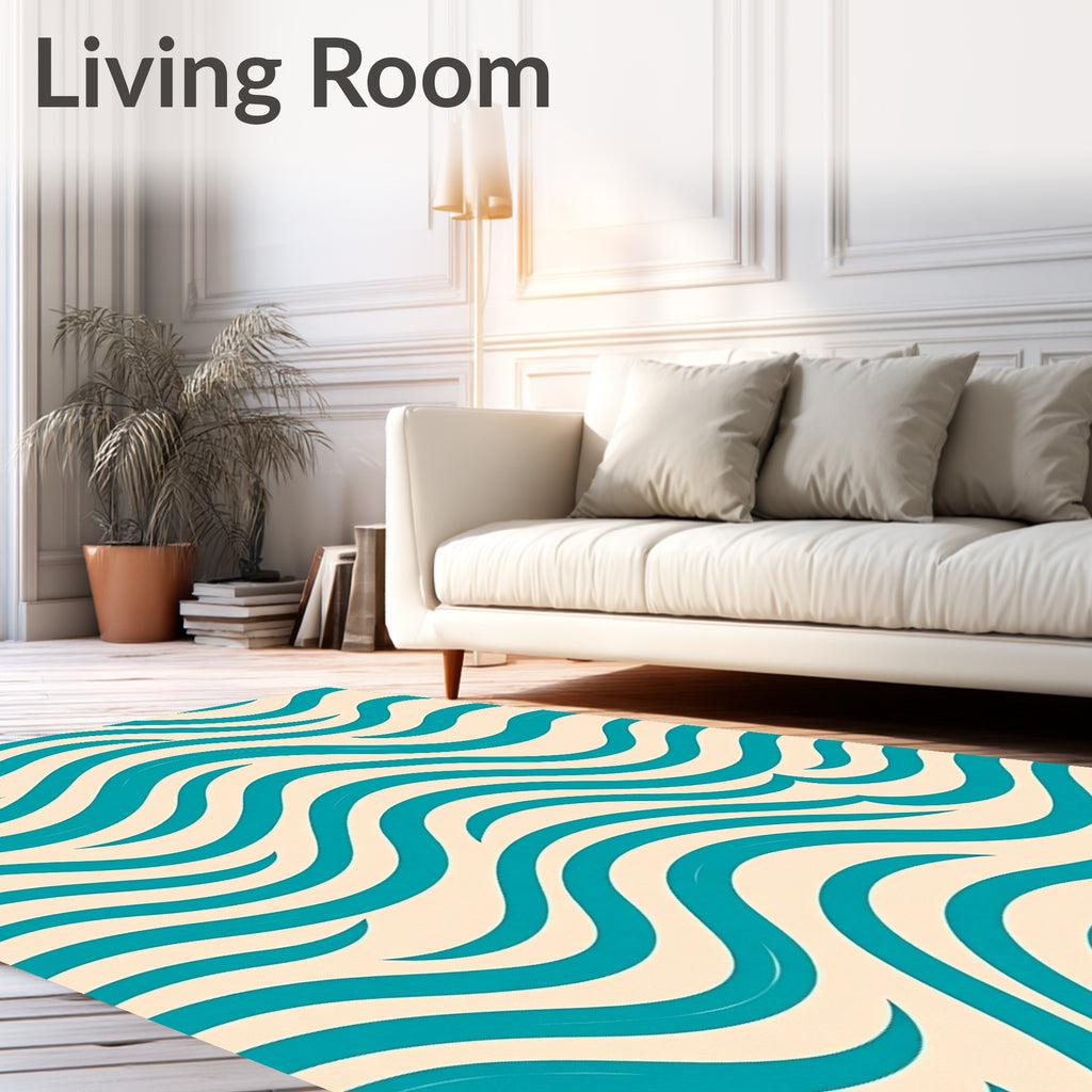 Teal Wavy Stripes Cream Background Rug