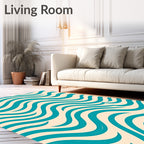 Teal Wavy Stripes Cream Background Rug