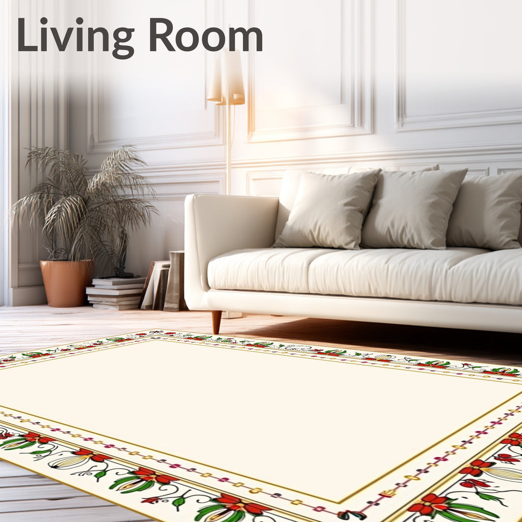 Ornate Red Green Floral Border Rug