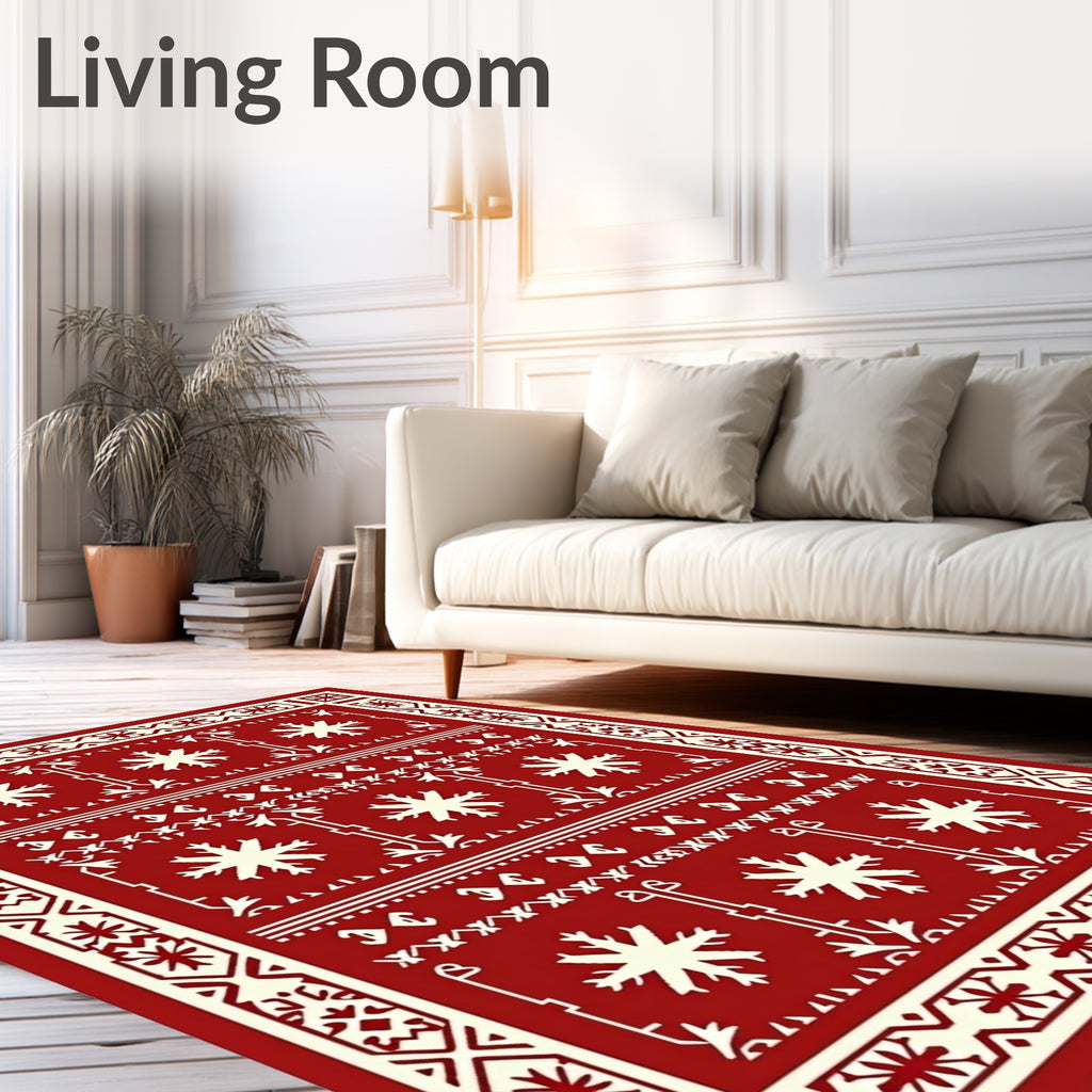 Crimson And Cream Snowflake Border Rug
