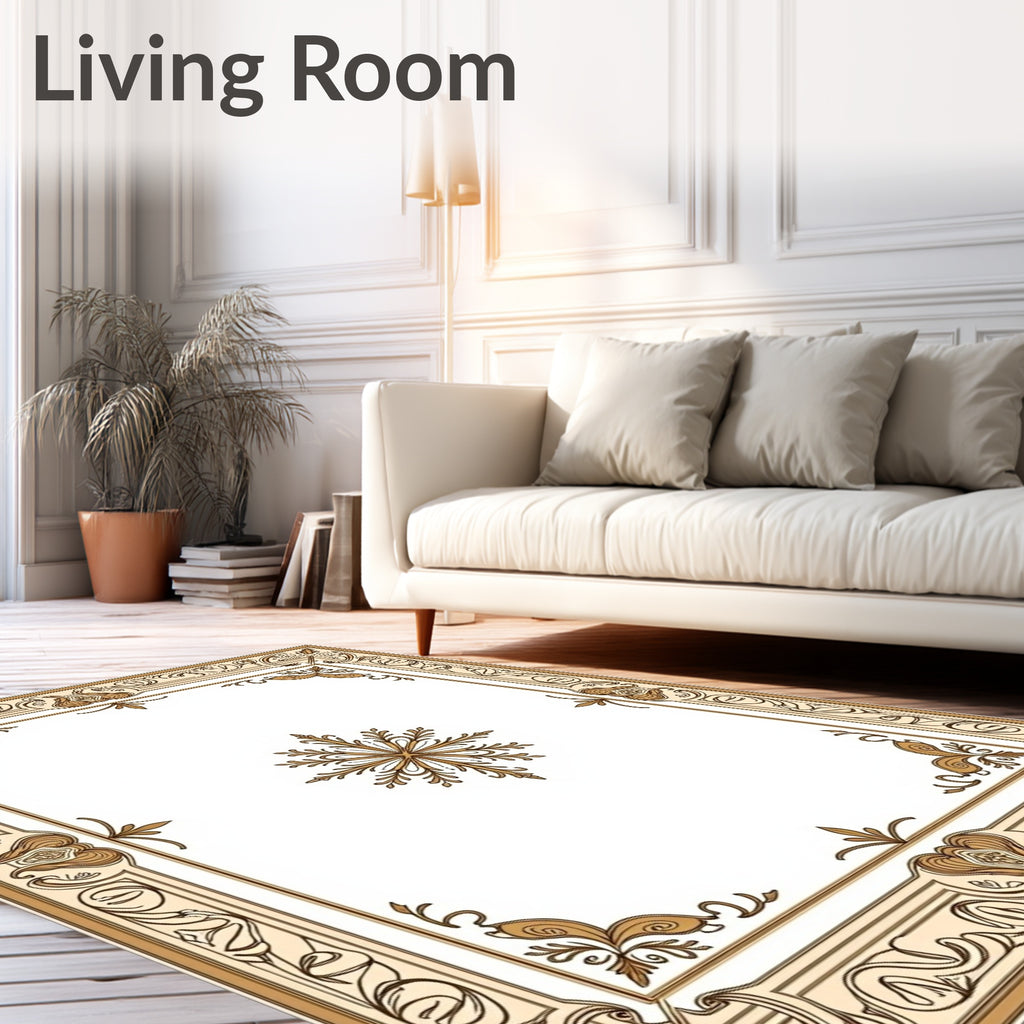 Elegant Cream Gold Art Nouveau Border Rug