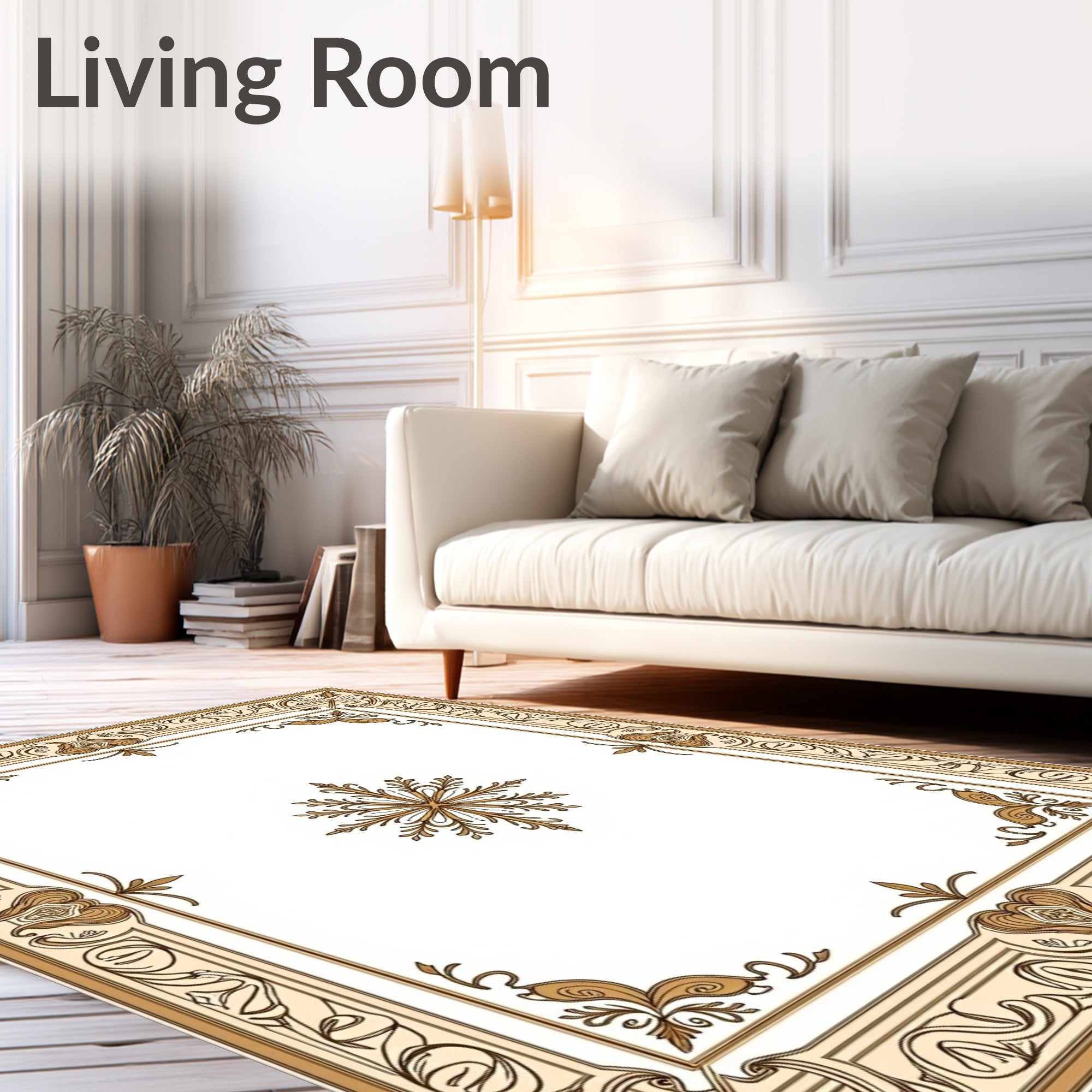 Elegant Cream Gold Art Nouveau Border Rug