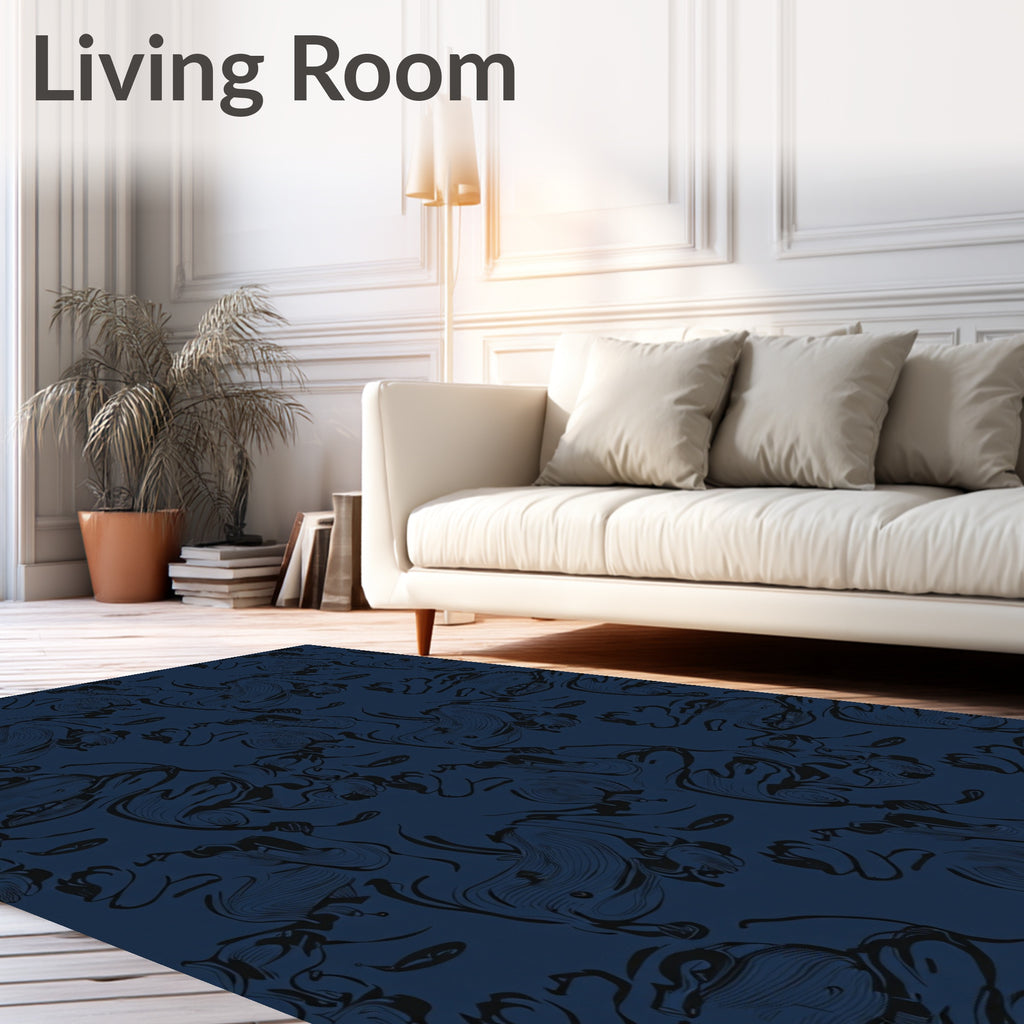 Dark Blue Abstract Ink Swirl Rug