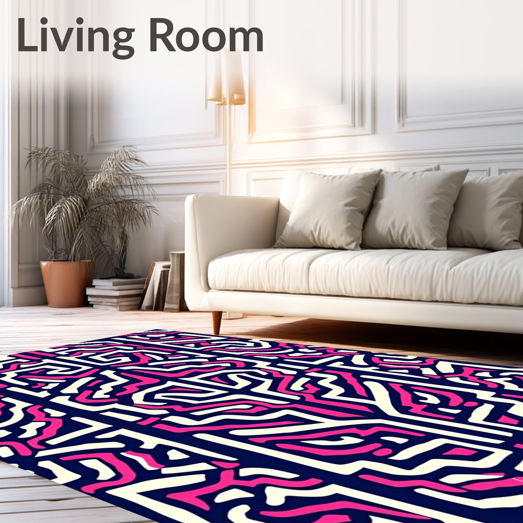 Abstract Pink Labyrinth Cream Navy Rectangles Rug