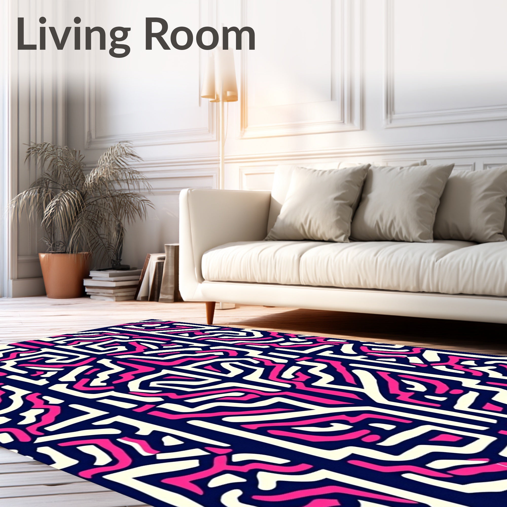 Abstract Pink Labyrinth Cream Navy Rectangles Rug