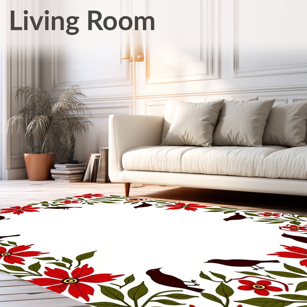 Crimson Floral Birds Border Rug