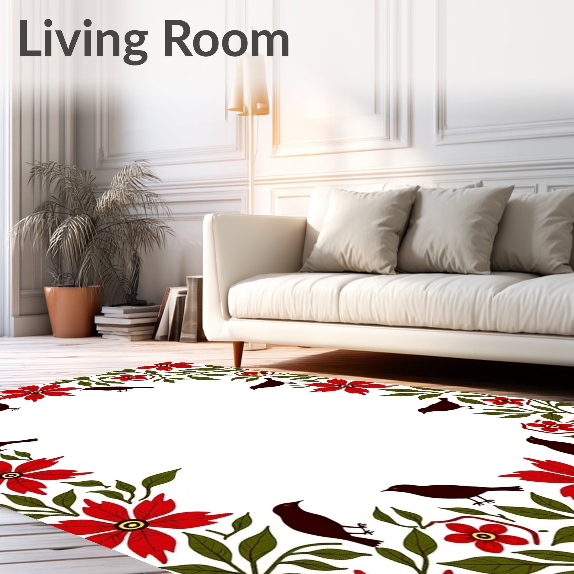Crimson Floral Birds Border Rug