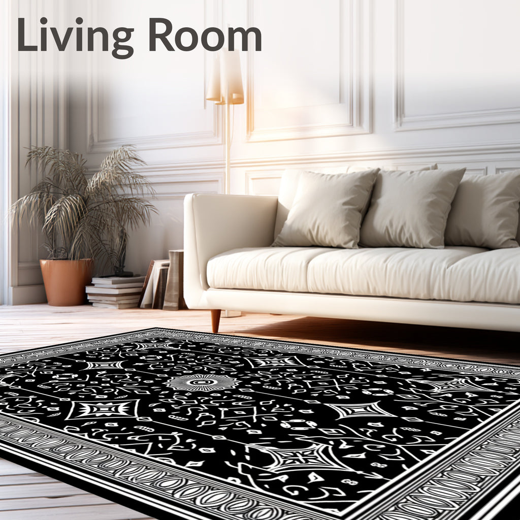 Black White Ornamental Diamond Medallion Rug