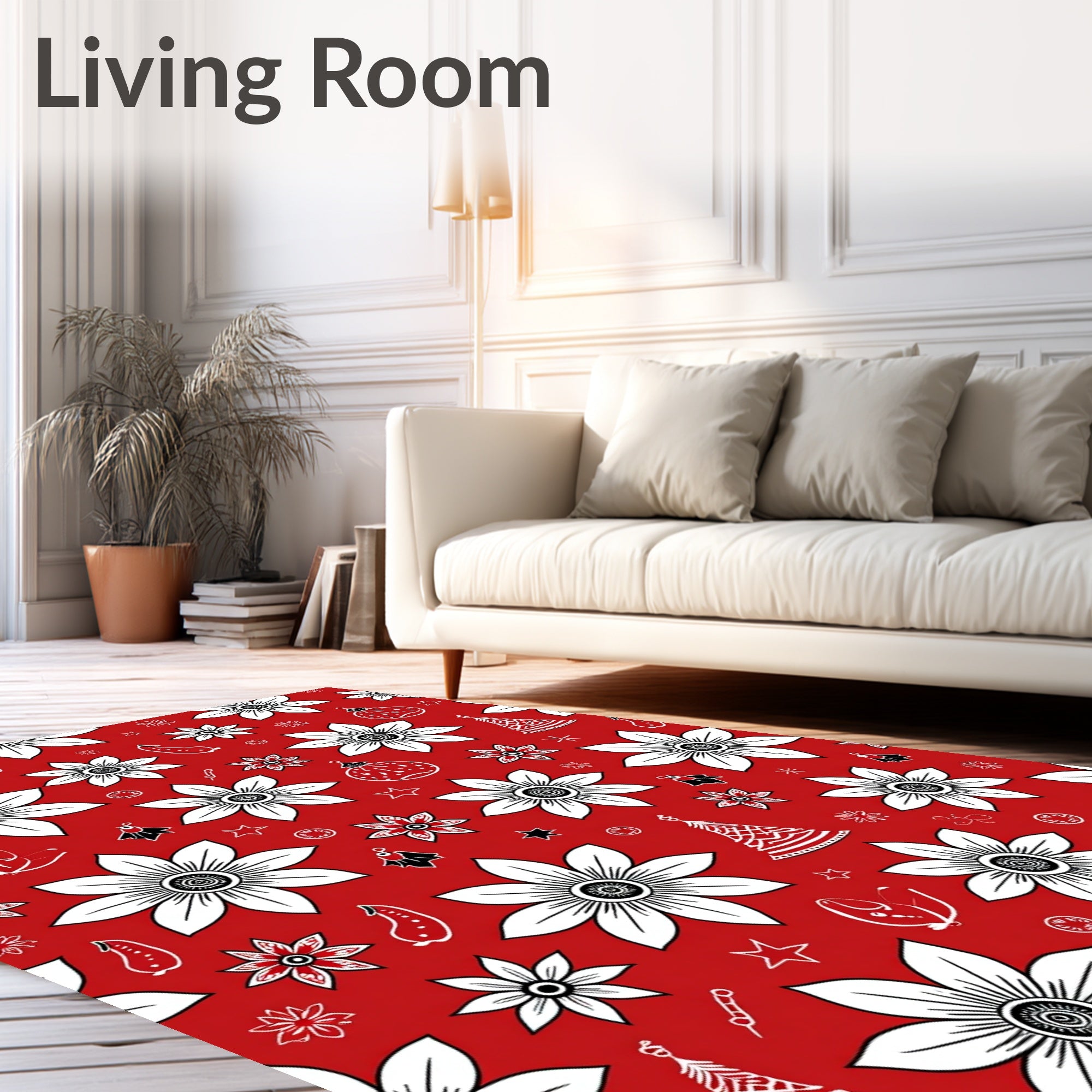 Vibrant Red White Floral Ornaments Christmas Rug