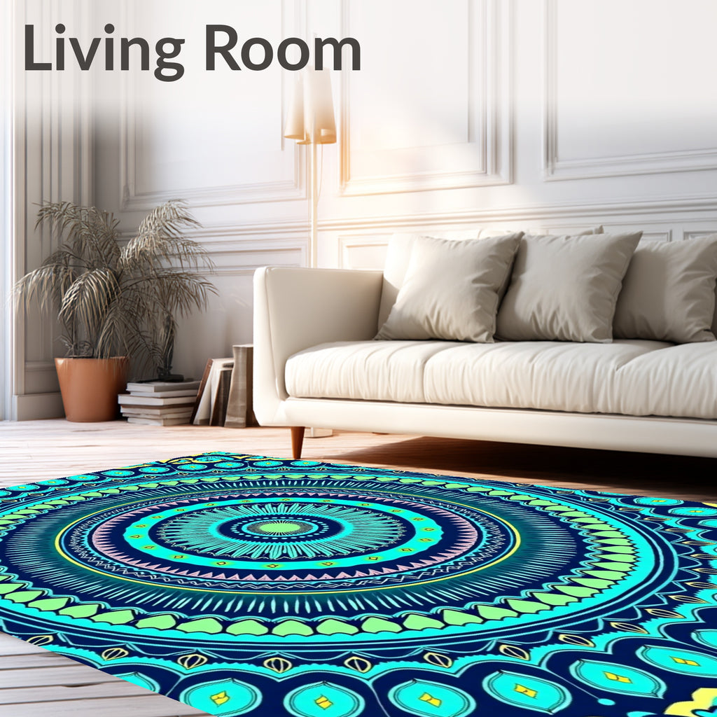 Vibrant Teal Blue Mandala Medallion Rug