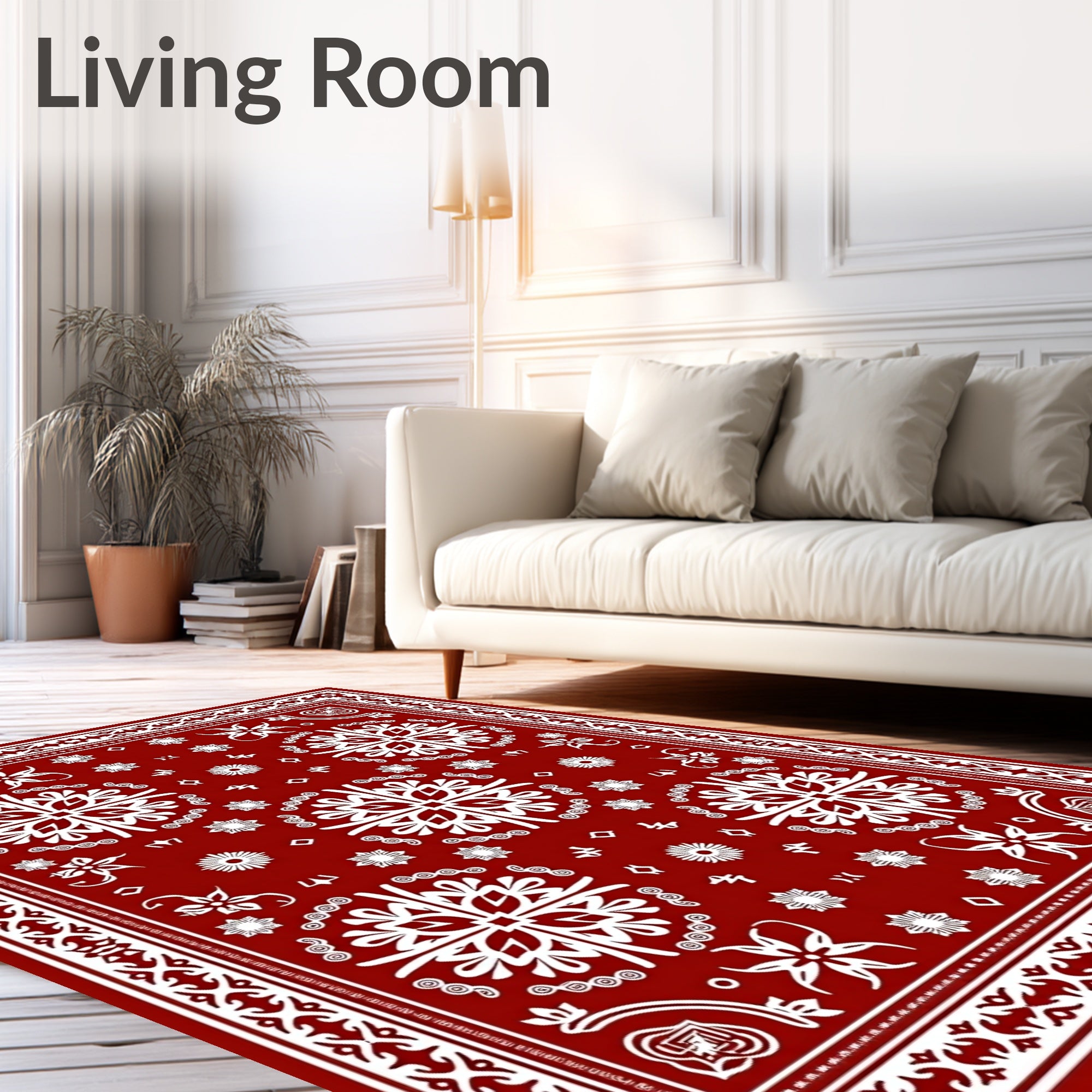 Crimson White Intricate Floral Border Rug