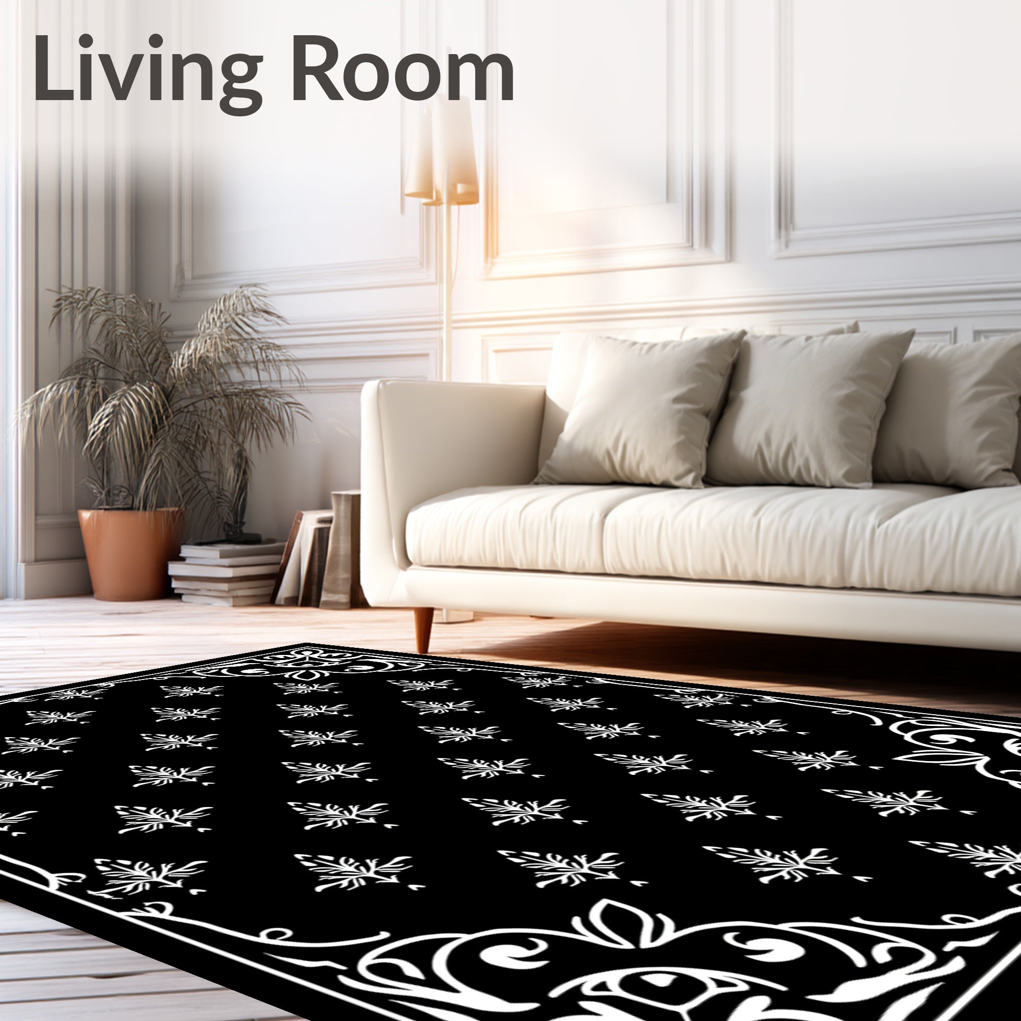 Classic White Acanthus Scroll Black Rug