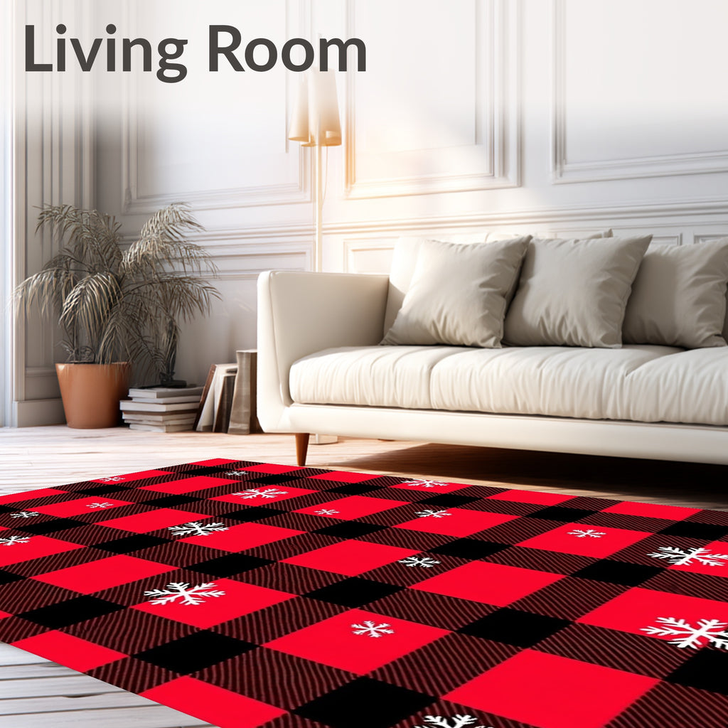 Red Black Buffalo Plaid Snowflakes Rug
