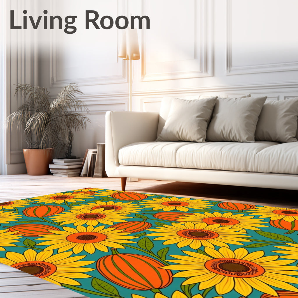 Sunny Yellow Sunflowers Orange Gourds Foliage Rug
