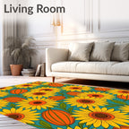 Sunny Yellow Sunflowers Orange Gourds Foliage Rug