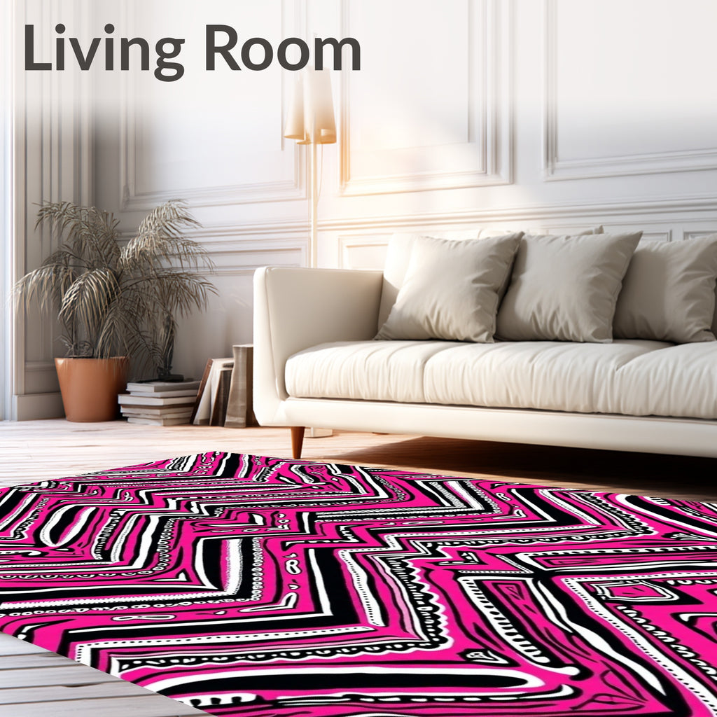 Fuchsia Black White Zigzag Stripe Rug