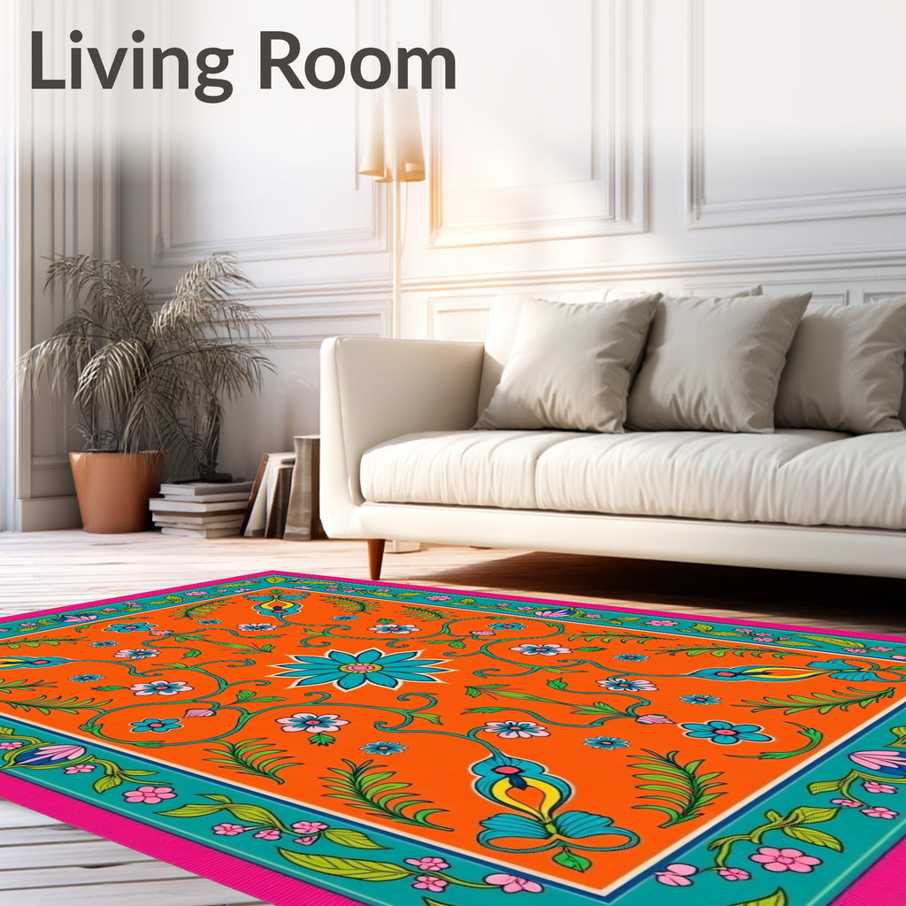 Vibrant Orange Floral Garden Rug
