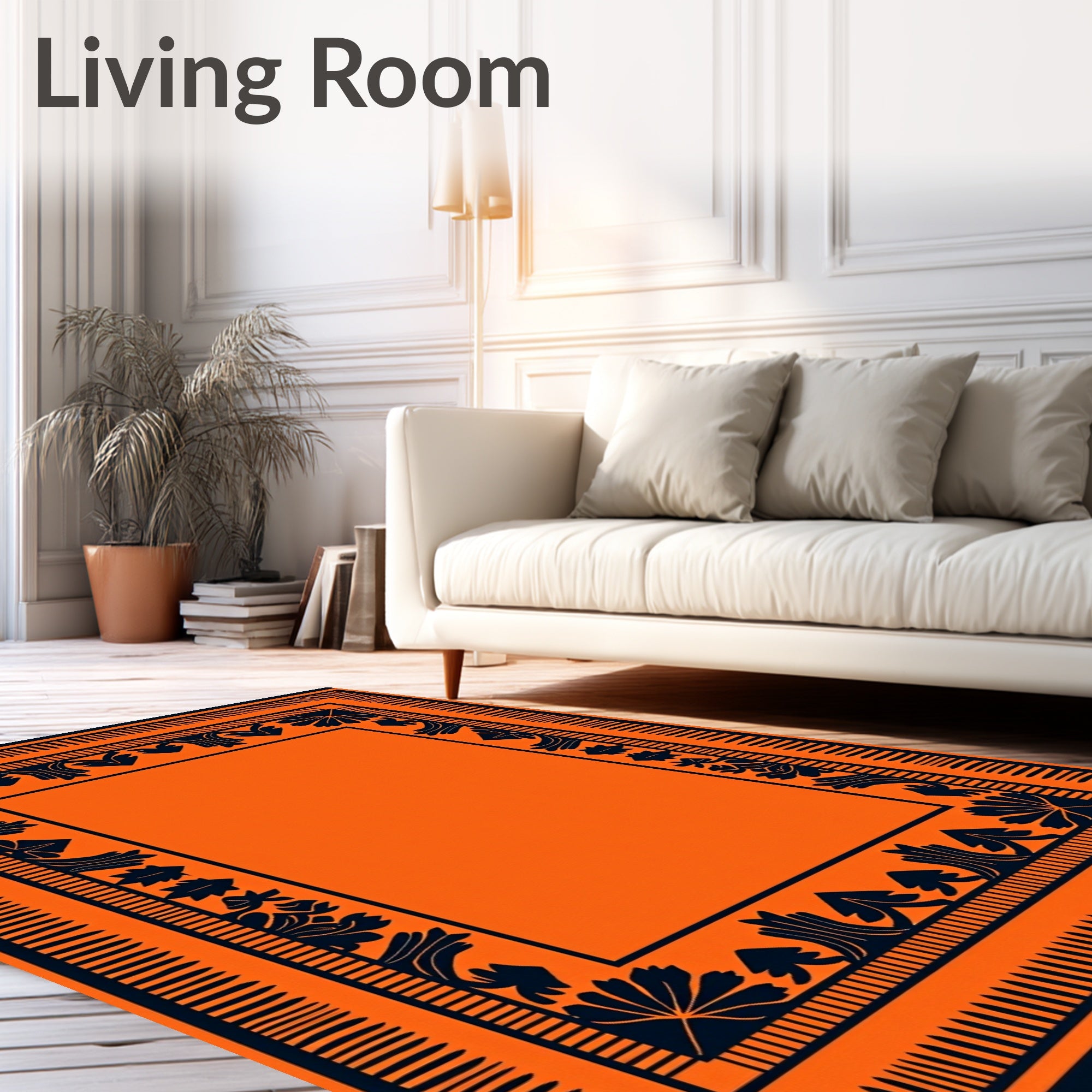 Bold Orange and Navy Floral Border Rug