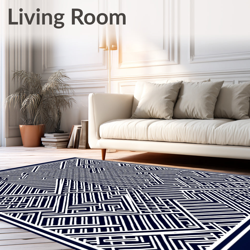 Abstract Navy Geometric Maze Rug